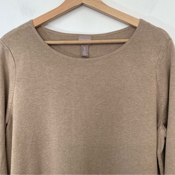 Chicos 2 Sweater Large Rib Knit  Neutral Brown 3/4 Sleeve Stretch Boxy Pull Over - Picture 2 of 10